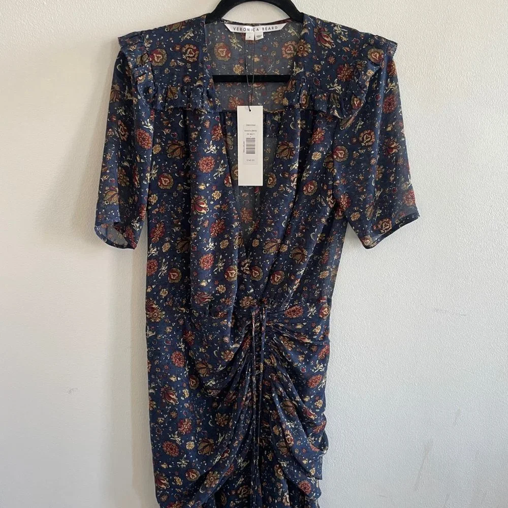 NEW Veronica Beard Dakota Floral Mini Dress Size 4 Ink Blue Chiffon Wrap… - Picture 3 of 10